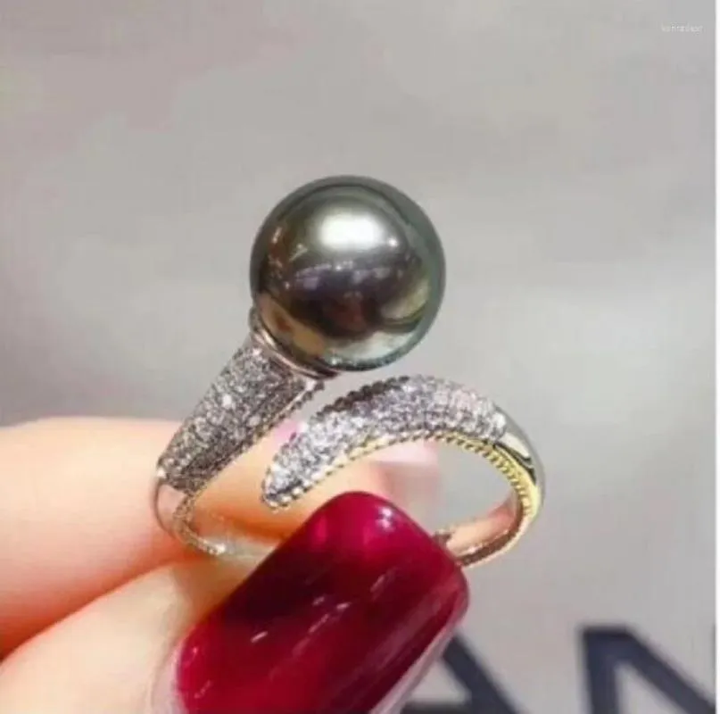 Klusterringar underbara 10-9 mm äkta naturliga South Sea Black Round Pearl Ring 925s