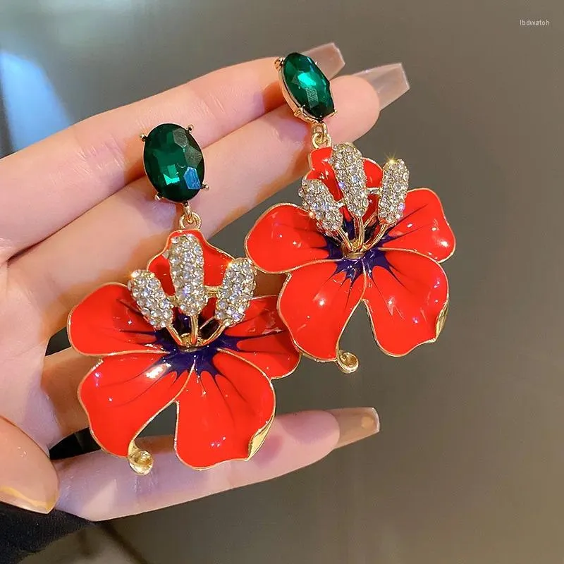 Dingle örhängen yamega stora röda emaljblommor för kvinnor flickor koreanska mode gröna kristallparty smycken gåvor
