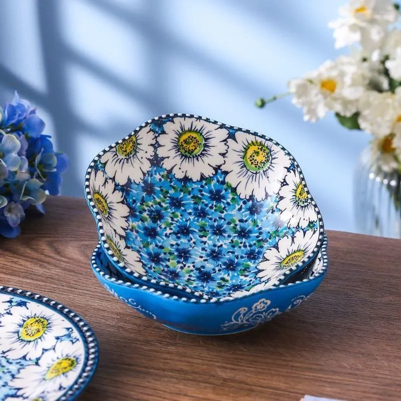 Bols haute température sous glaçure coloré floral bleu baie vaisselle 7 pouces perle point assiette à soupe style
