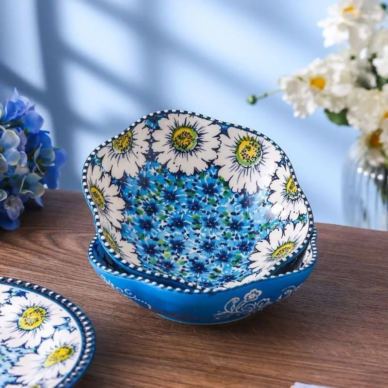 Bowls High Temperature Underglaze Colored Floral Blue Berry Tableware 7-inch Bead Dot Soup Plate Style