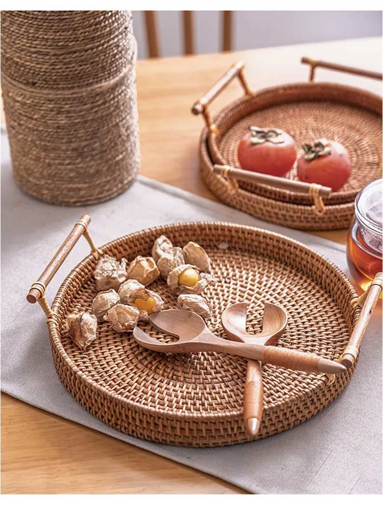 Cestello portaoggetti intrecciato a mano vassoio portaoggetti in Rattan cestino in vimini pane frutta cibo colazione cestino da Picnic cestino da cucina  15