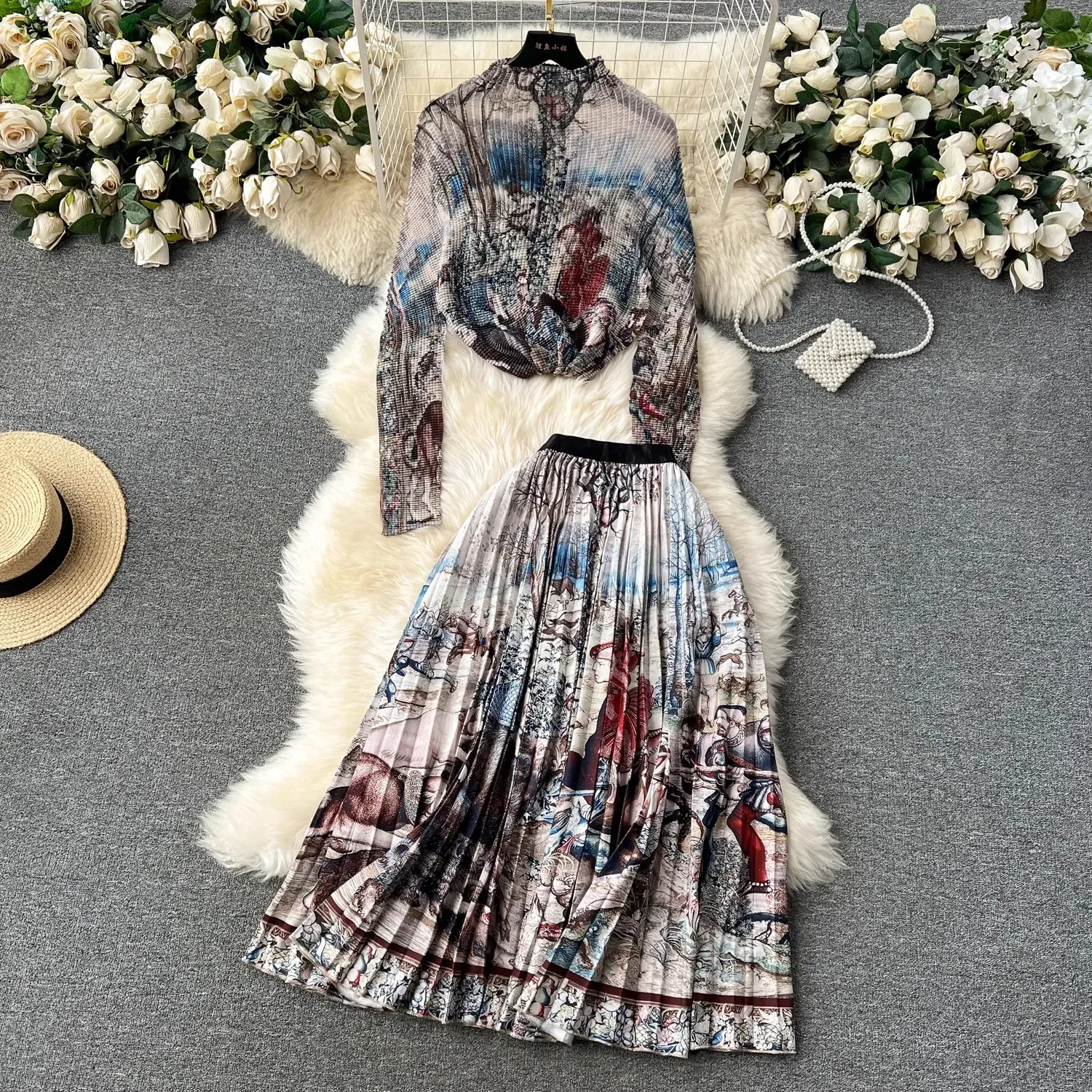 Tvådelklänningssatser Ny veckad Autumn 2 Piece Set Fashion Women Stand Collar Long Sleeve Printing Tops Elastic Waist Midi kjol kostymer 2024