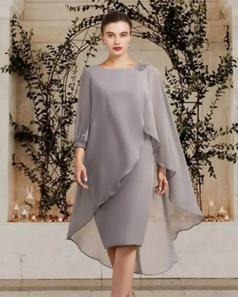 beaded mother of the bride dresses with sleeves Ink Blue Mother Of The Bride Dress With Sleeves Beaded Cape-Sleeve Jewel Neck Chiffon Maxi Mother Of The Bride Dresses main image 0