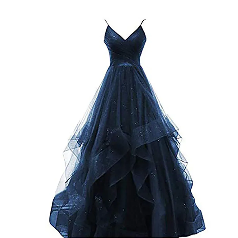Ny sexig lång spaghetti rand aftonklänning mode v-ringning klänning bling lysande bankett prom afton klänning vestido de noche
