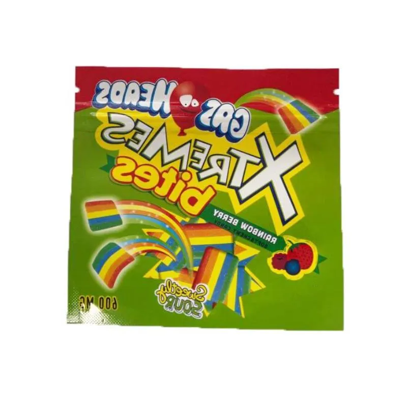 Teste di gas vuote da 600 mg Sacchetti in Mylar A prova di odore Xtremes Bites Rainbow Berry Commestibili dolcemente acidi Pacchetto di caramelle gommose Weqft