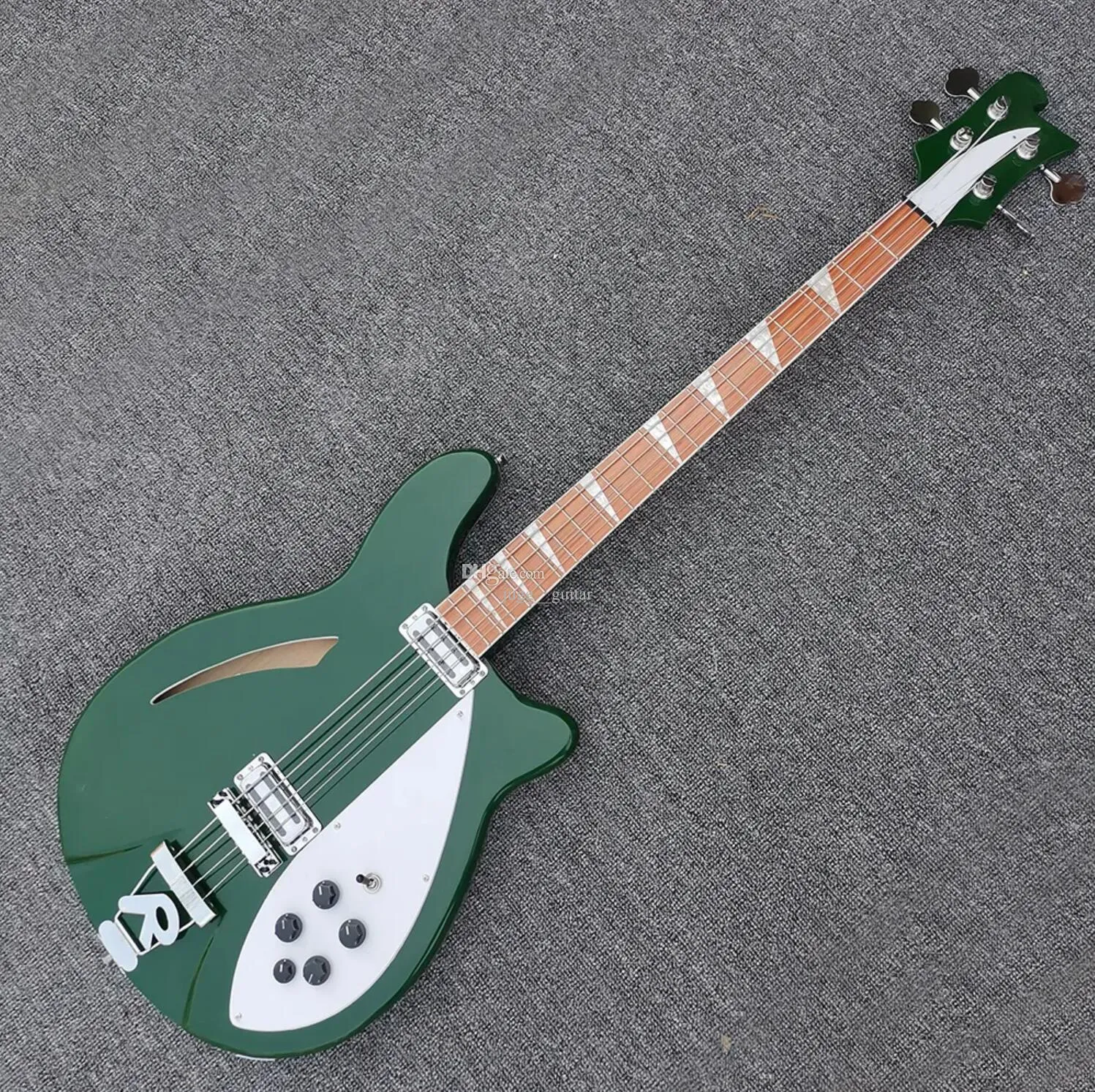 In Stock 4005 4 Strings Dark Green Semi Hollow Body Electric Bass Guitar Triangle MOP Inlay Checkerboard Binding Single F Hole Rounded Corner Body