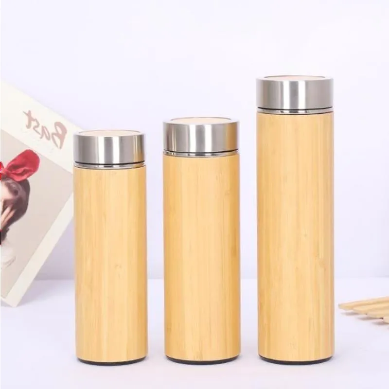 Custom Logo! Kreativer Bambuswasserflasche Vakuum isoliert Edelstahlbecher mit Deckelteesieb Holz gerade Tasse OTBSF