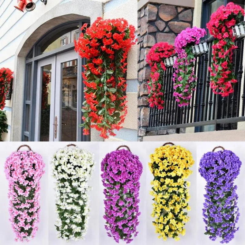 Fiori decorativi Viola Rattan Cesto appeso Fiore artificiale per la casa Fattoria Decorazione di nozze vintage Ghirlanda di piante verdi