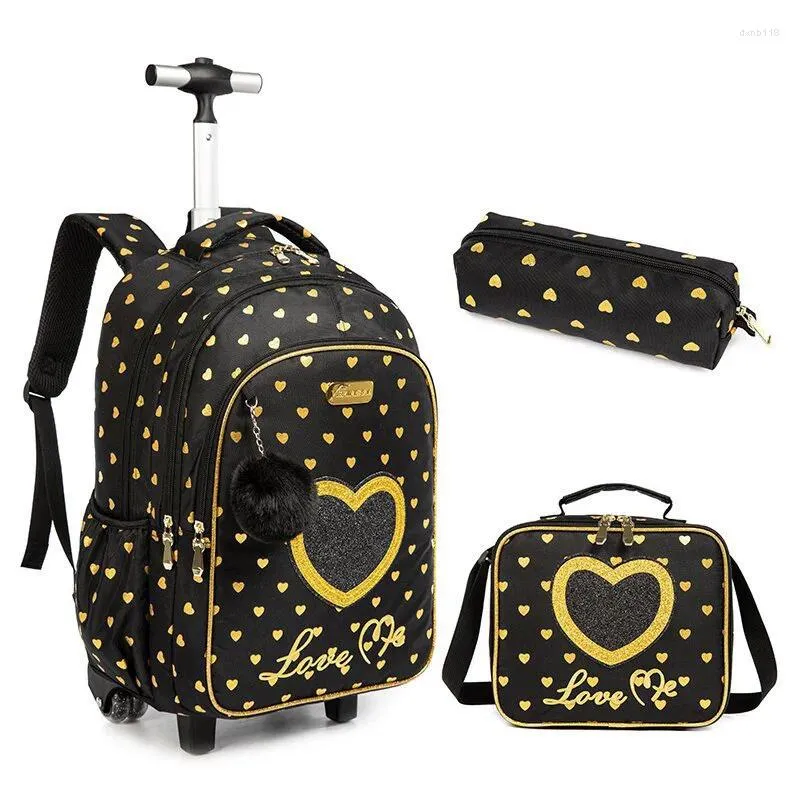 School Bags Bag With Wheels Rolling Backpack Wheeled Students Kids Trolley For Girls Travel Luggage Lunch Box