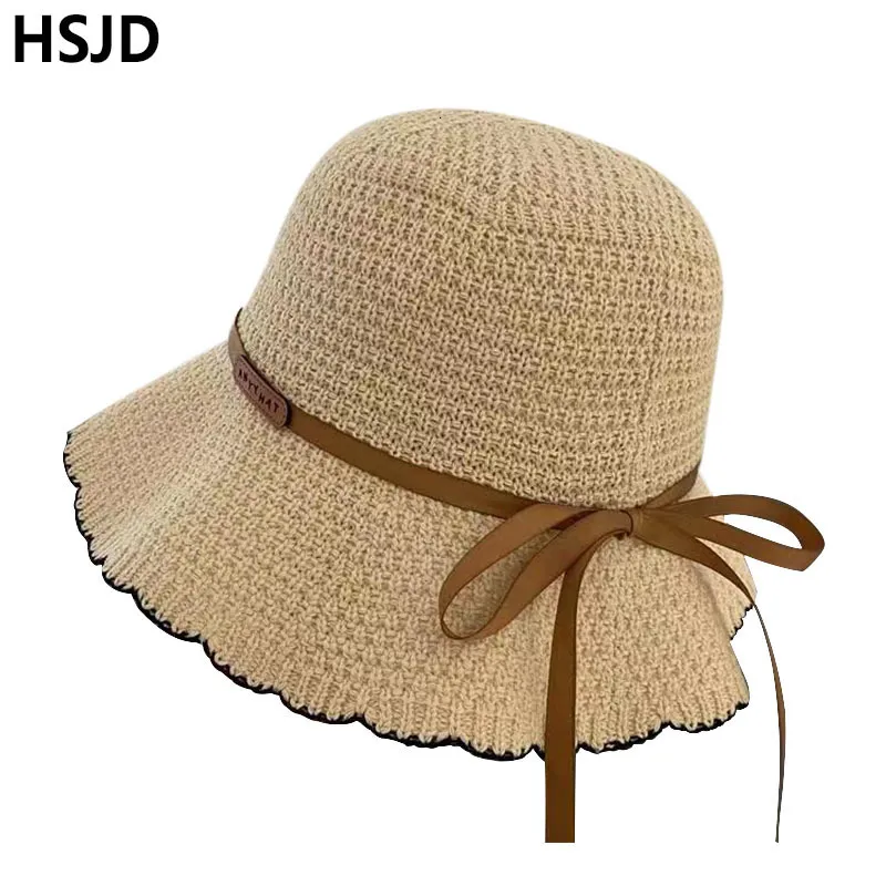 Stingy Brim Hats Kvinnor Lace Bow Sun Summer Hand virkning andningsbar hink hatt resor Floppy Wide Brim Foldbar Sun Visor Cap Mesh Beach Hats 230411