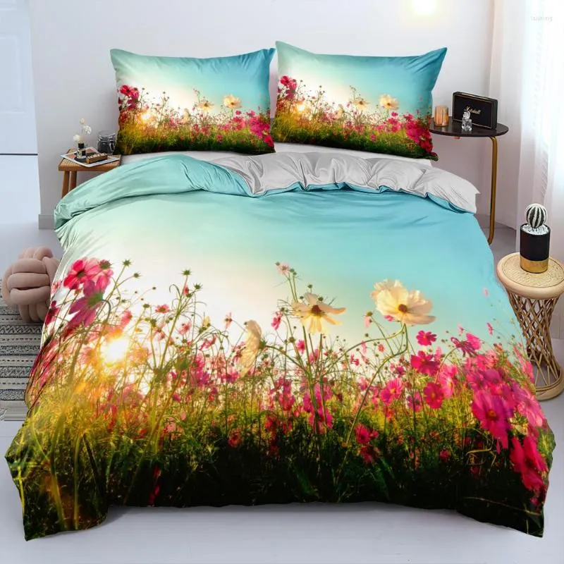 Zestawy pościeli 3D Pink łóżka Rośliny Projekt Pokrywa kołdra Zestaw poduszki kwiat niestandardowy 180x210cm podwójny rozmiar szary home Texitle