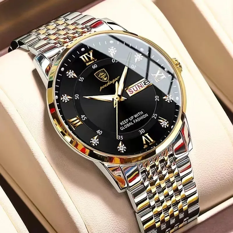 Wristwatches POEDAGAR Men Watch Luxury Business Quartz Men's Wristwatch Waterproof Luminous Date Week Steel Strap Top Brand Man Watches 230410