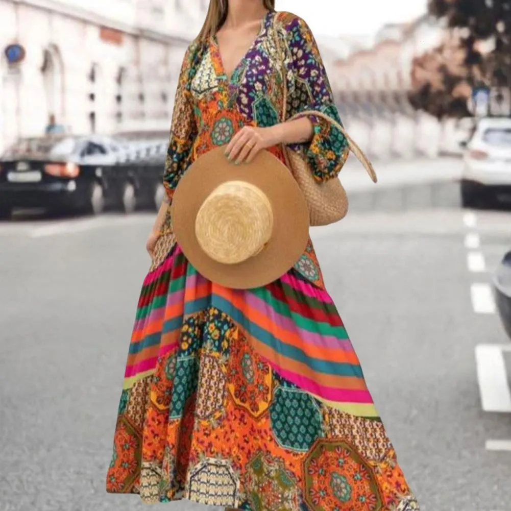 Casual Dresses Retro Dress Chic Pleated Maxi Dress Summer Ethnic Print Mönster Överdimensionerad Long Dress Female Clothing 230410