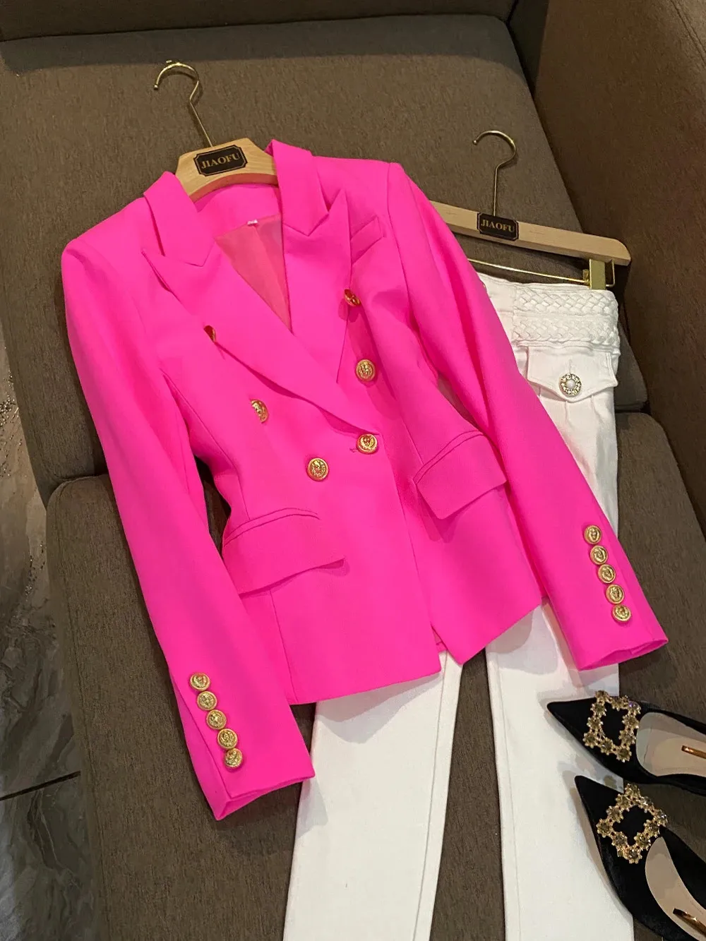 Women's Suits Blazers High Street Elegant Women's Designer Long Sleeve Blazer Double Breasted Lion Button Slim Jacket Classic All-Match Style 231110