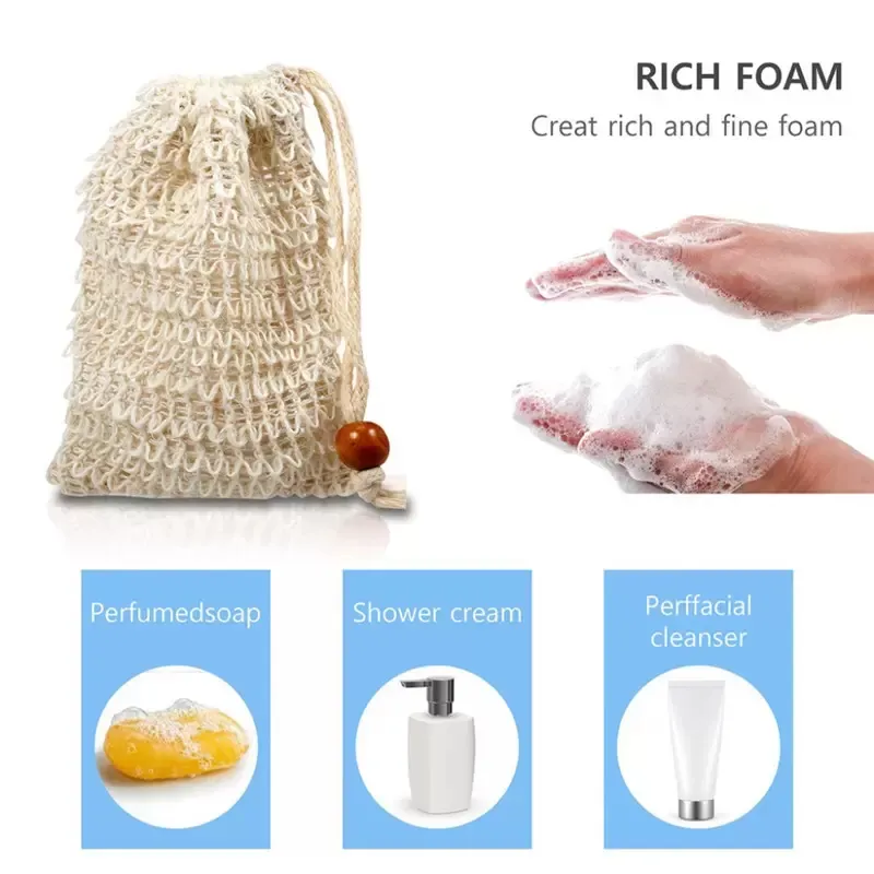 Soap Saver Bag Sisal Soap Bag Exfoliating Soap Pouch with Drawstring Bar Soap Bag with Wooden Bead Foaming and for Bath and Shower