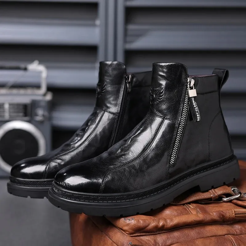 2023 printemps/hiver hommes Chelsea bottes, Style britannique mode bottines, noir Brogues en cuir véritable chaussures décontractées Brouge bottes