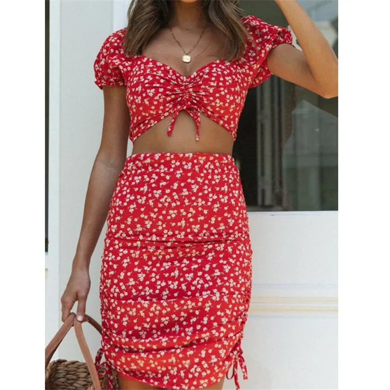 Two Piece Dress Two Piece Bohemian Womens Dress Summer Short Sleeve Crop Top Aline Ski Beach Holiday Red Flower Ski Sexy Set 230410