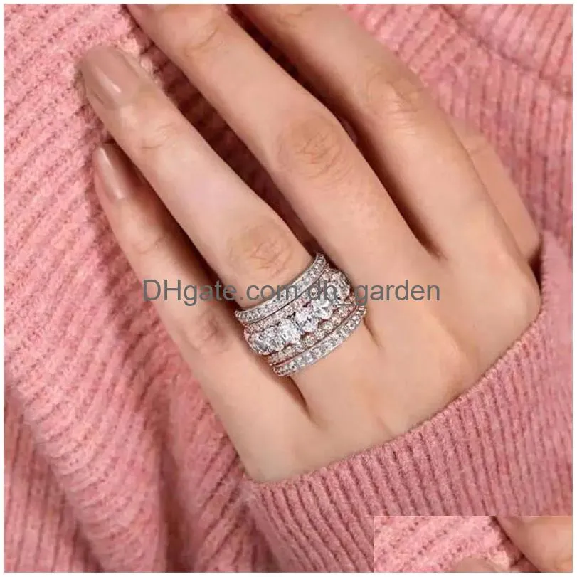 Pierścionki ślubne Unikalne pierścionki ślubne luksusowa biżuteria 925 Sterling Sier Rose Gold wypełnienie Owalne Cut White Topaz CZ Diamond Stones Dhgarden Dhzkq