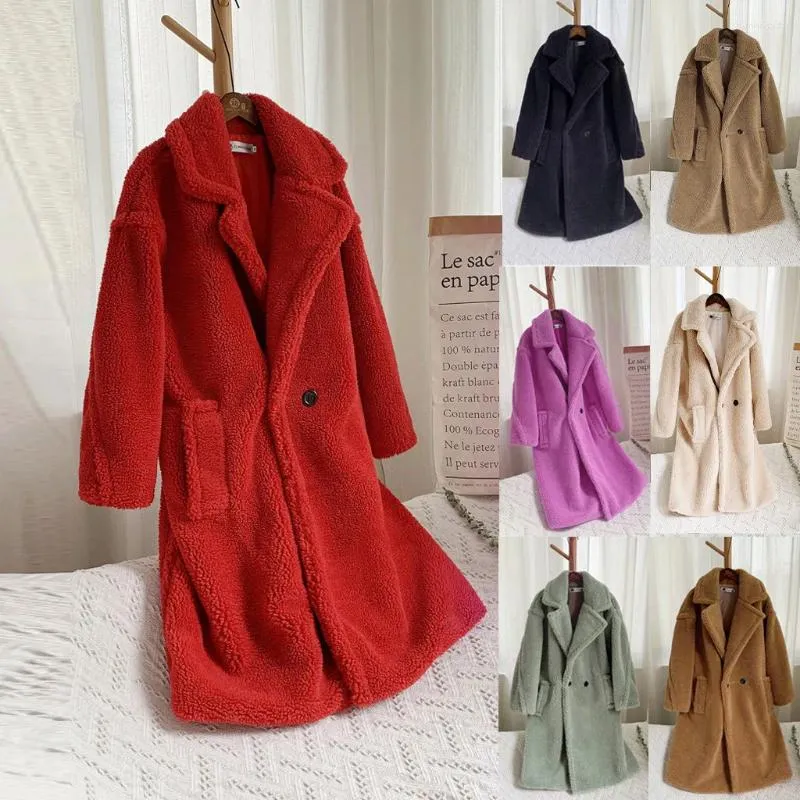 Mulheres Trench Coats Mulheres Moda Elegante Casaco Longo Windbreaker Lapela Inverno Casual Jaquetas Cor Sólida Solta Médio Cordeiro