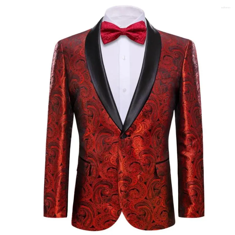 Мужские костюмы Дизайнер для мужчин Красный Черный Пейсли Шелковый Блейзер с галстуком-бабочкой Тонкий повседневный пиджак Пальто Свадебное платье жениха Barry.Wang