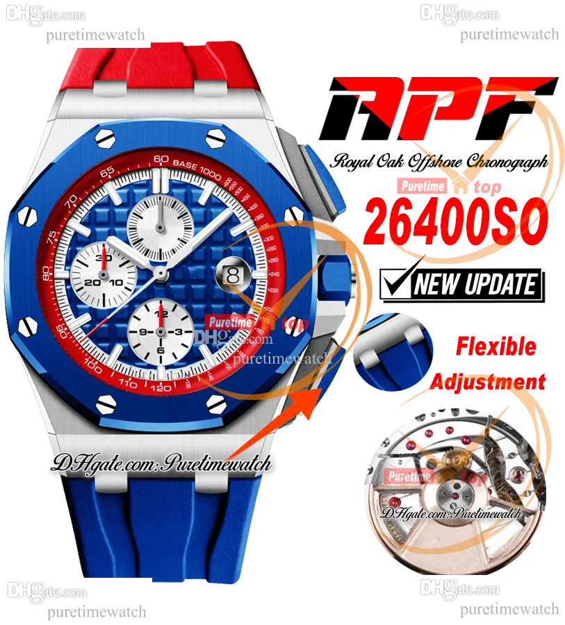 APF 44 mm 26400SO A3126 automatische chronograaf herenhorloge rood witte index blauwe keramische bezel rubberen band exclusieve technologie superversie Puretimewatch C3