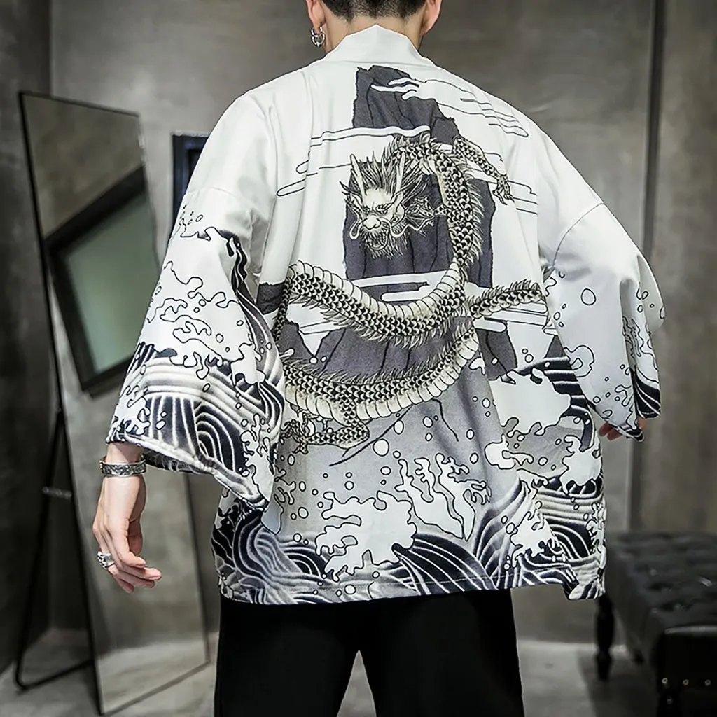 Men s Casual Shirts Fashion Kimono Cardigan Oversize Dragon Pattern Printed Shirt Yukata Top Anime Costume Men Clothing 230411