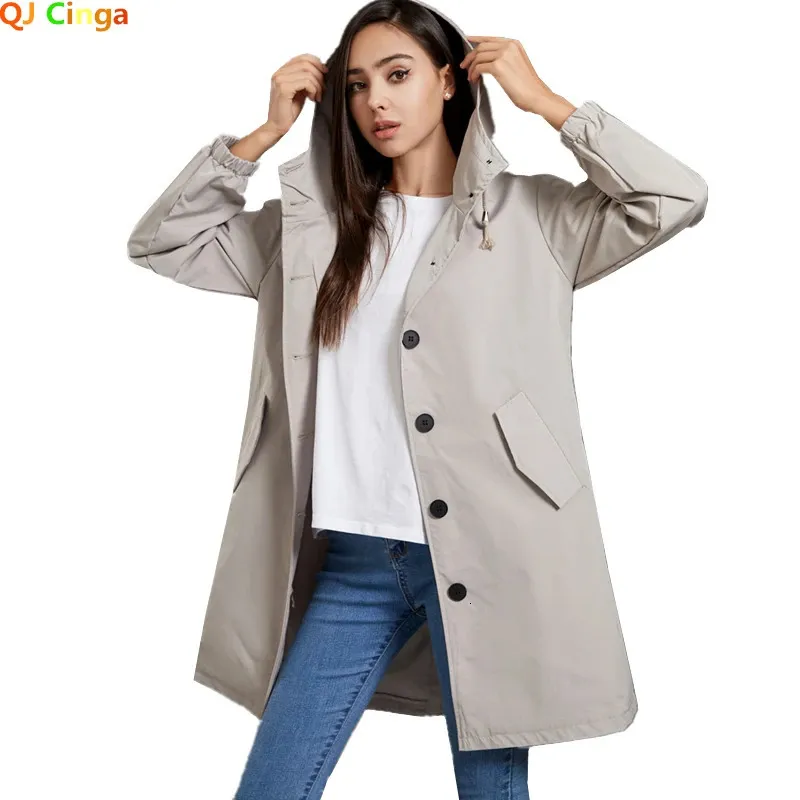 Women's Trench Coats Fashion Coat Female Autumn Casual Hooded Medium Long Overcoat Loose Windbreaker Spring Plus Size 231110