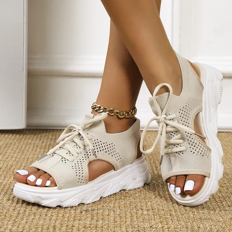 샌들 여름 여성 샌드 샌드 샌들 메쉬 캐주얼 신발 흰색 두꺼운 Laceup Sandalias 여성용 발가락 해변 신발 Zapatos Mujer 230410