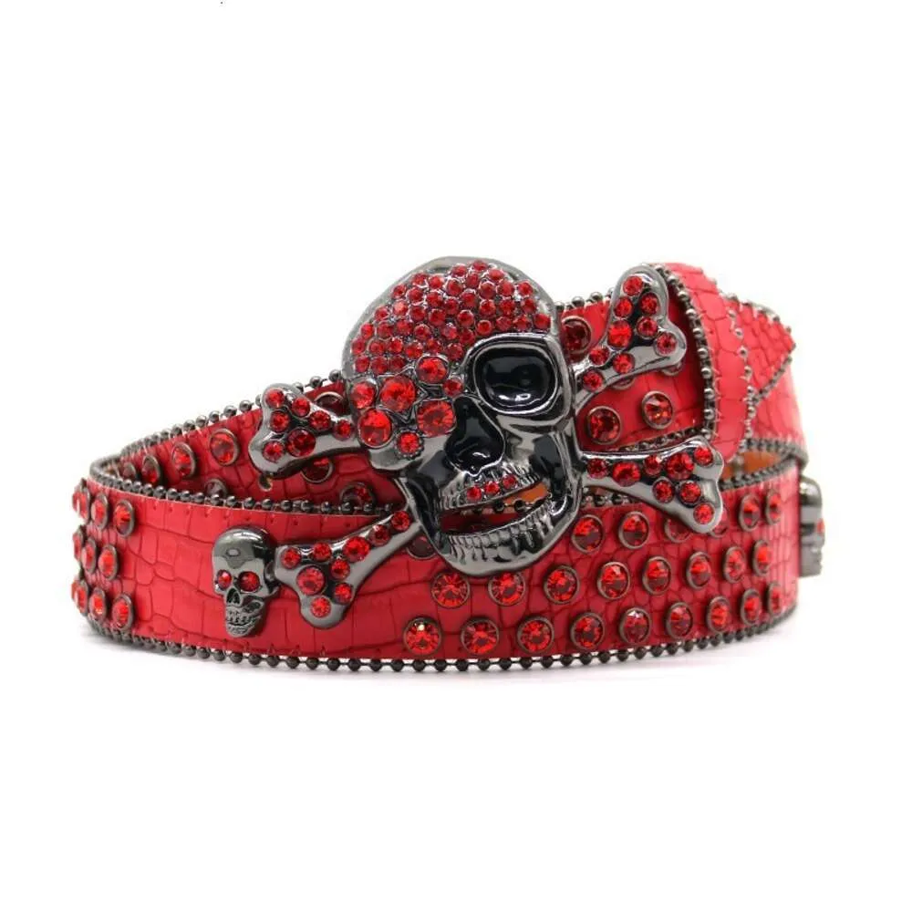 Ceintures de cowboy en cuir PU de haute qualité, style rock tendance rouge, cloutées avec strass, Cowgirl personnalisées, boucle tête de mort