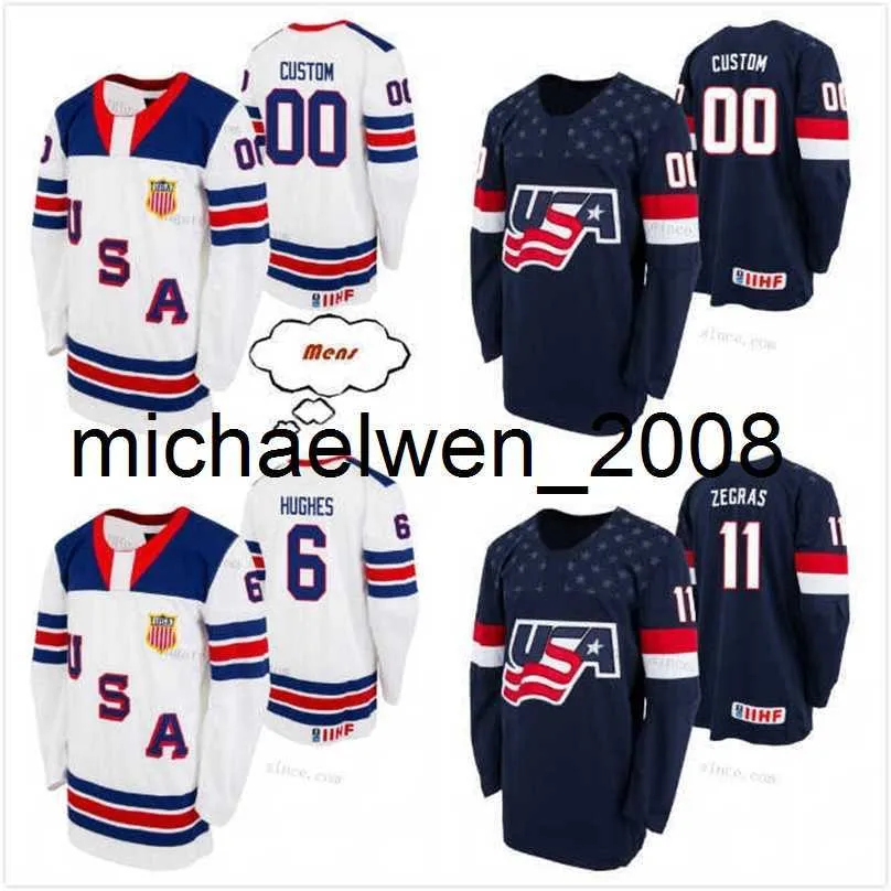 Weng Men Men Women Kids #6 Jack Hughes S-6XL Trevor Zegras Jersey USA U18 Team 2021 Biosteel All American Game Home White Navy Away Jersey