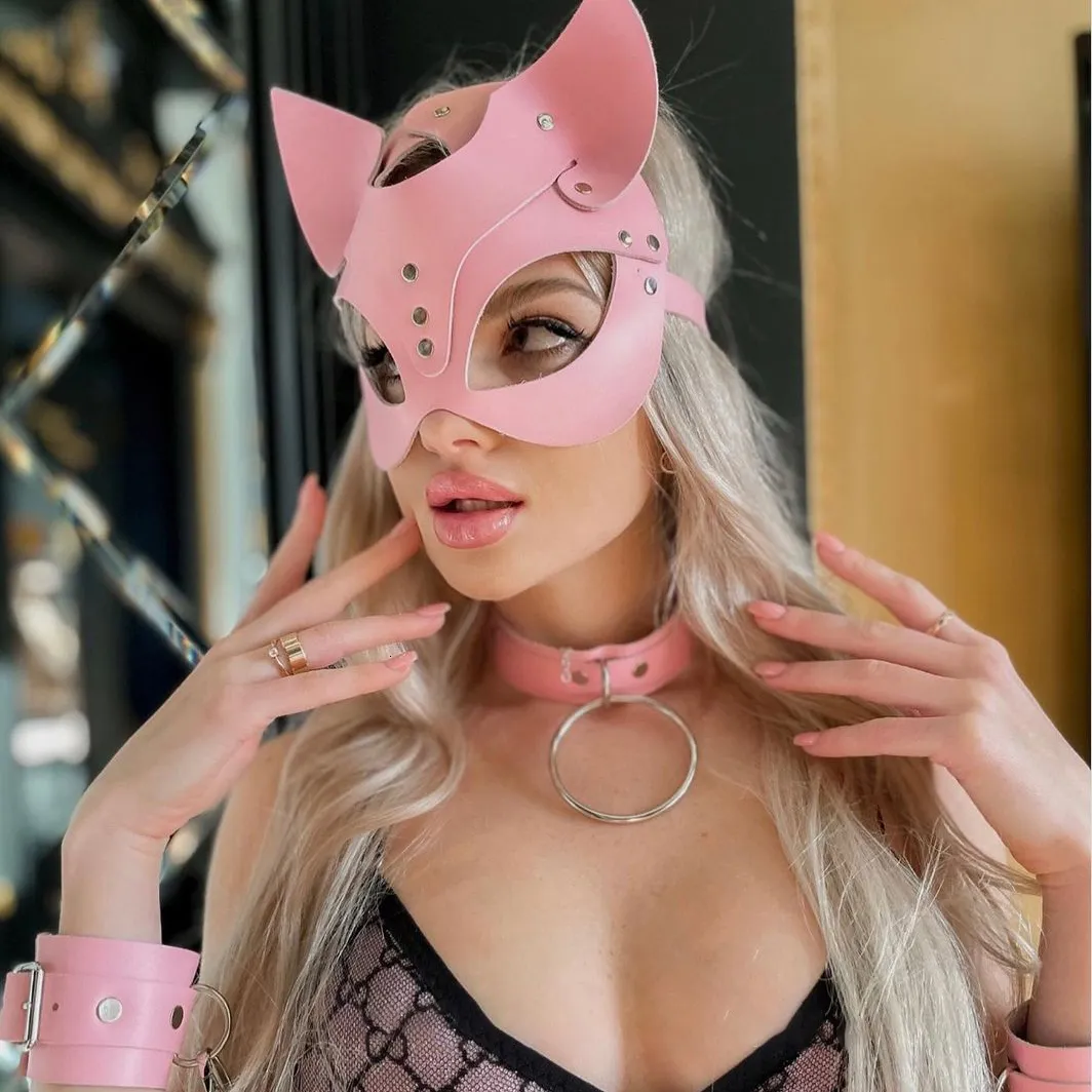 섹시한 세트 핑크 에로틱 한 여성 가죽 고양이 마스크 코스프레 페이스 할로윈 파티 가장 무도회 공상 S 230411