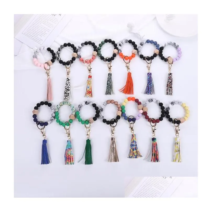 36 couleurs de qualité alimentaire perles acryliques glands bracelet porte-clés bracelets de perles en bois porte-clés Pu gland anti-perte porte-clés livraison directe Dhl2M