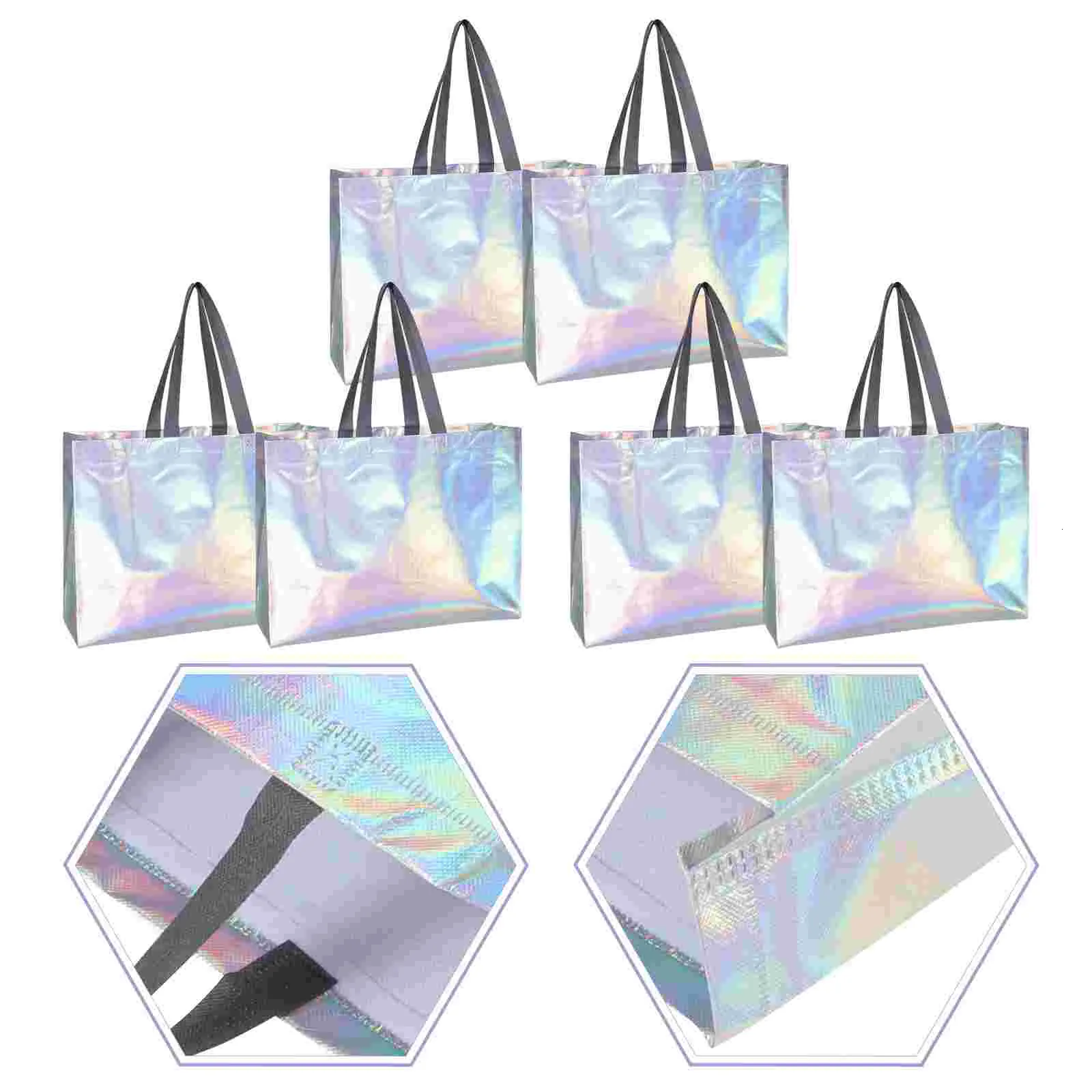 Emballage cadeau 6 pièces sac d'emballage sacs holographiques réutilisables fête épicerie irisé emballage fourre-tout Bienvenue argent emballage feuille Goodie 230411