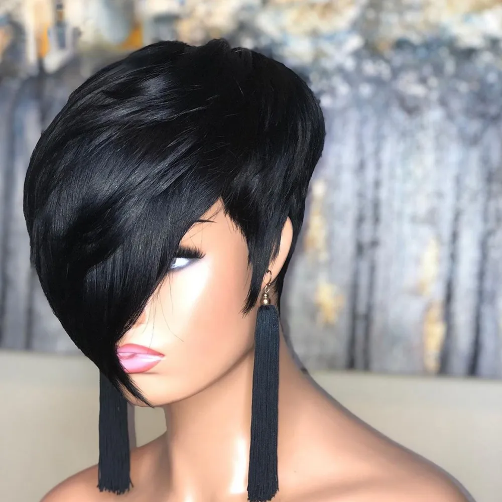 Short Pixie Cut Human Hair Wig For Women Peruvian Virgin Human Hair Natural Black Bob Wig With bangs Glueless Wholesale For Black Women