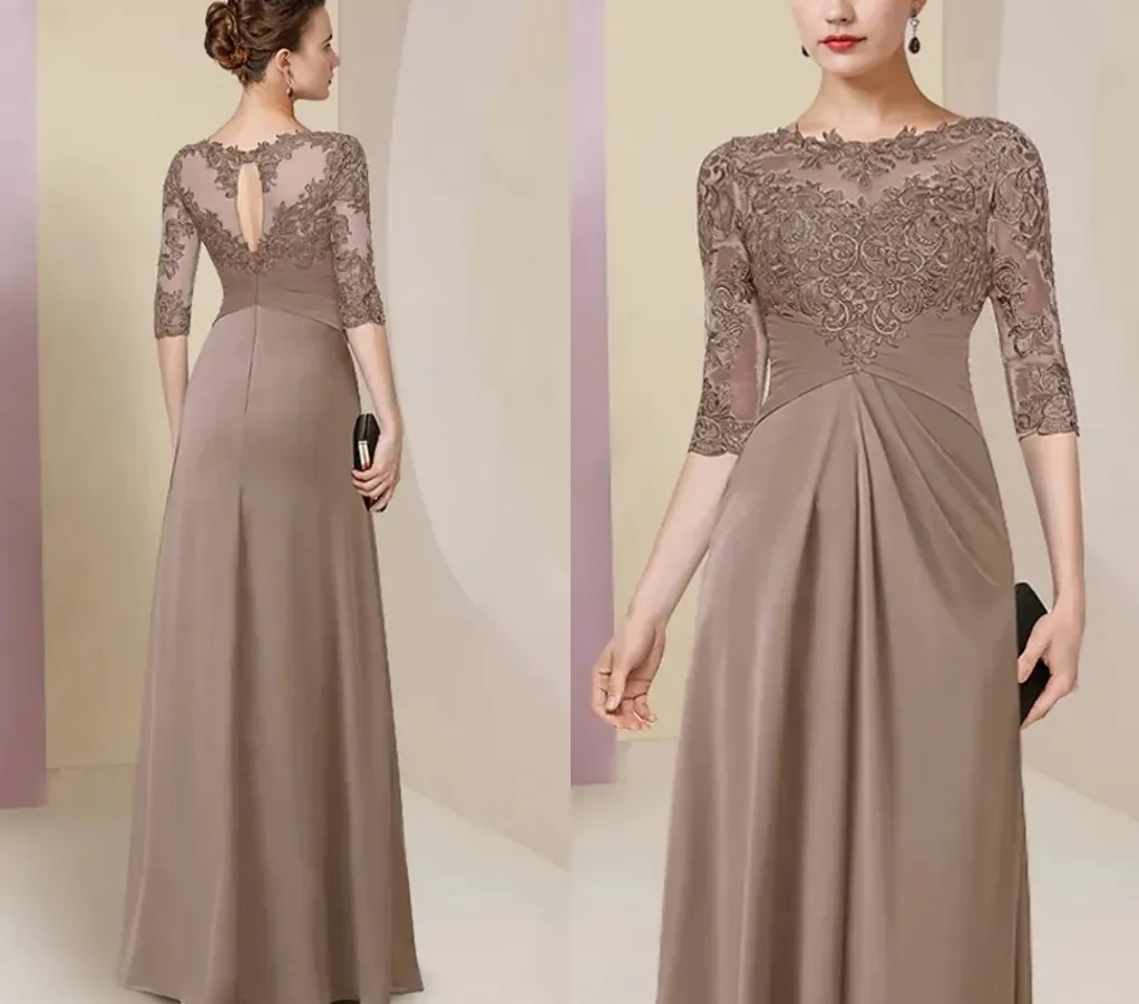 2024 Khaki A-line Mother of the Bride Dress Scoop Pół rękawów koronkowe aplikacje szyfonowe sukienki na imprezę groom eleganckie, niestandardowe szatę de soiree