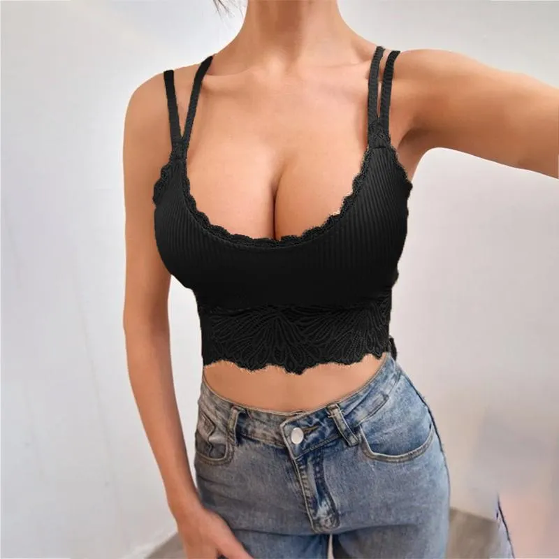 Kadın Tankları Camis Dantel Çift Sling Yelek mahsulleri Seksi Bayanlar Kolsuz Bralette Sütyen İç çamaşırı Kırpılmış Kefit