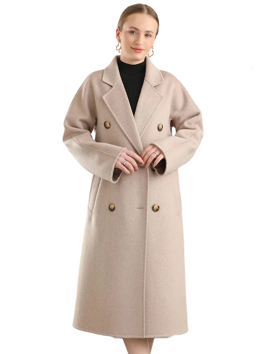 Womens Wool Blends M 801 Real Pure Overcoat Handmade Turndown Collar Belt Dense Fabric Notch Lapel Women Coat Long Winter Jacket Autumn 09 231110