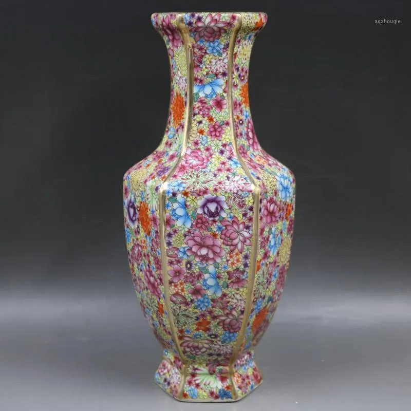 Vases Jingdezhen Antique Qianlong Année Marque Émail Golden Hexagonal Fleurs Vase Porcelaine Collection