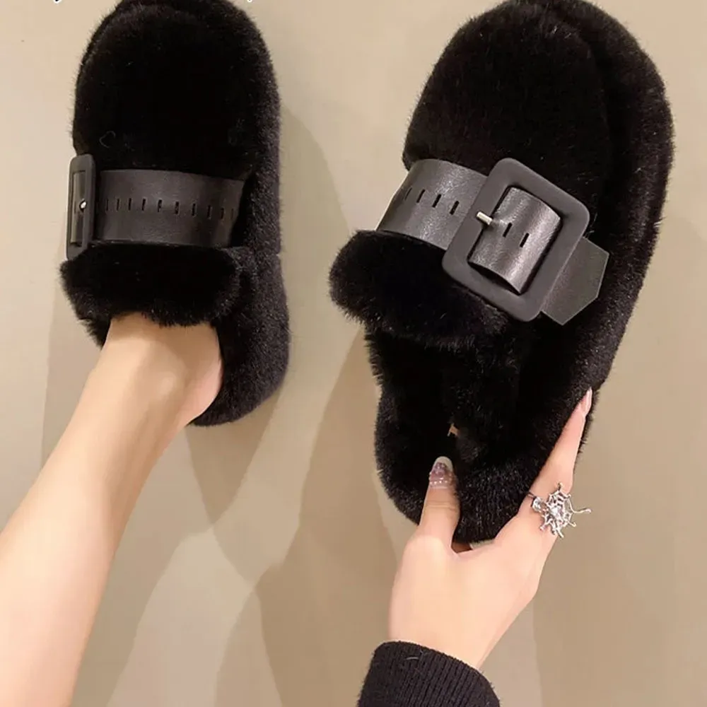 Fashion Fur Flats Platform Home Shoes Winter Slides Warm Foot Wear Women Slippers 2023 Mujer Zapatillas Mules Causal Shoes