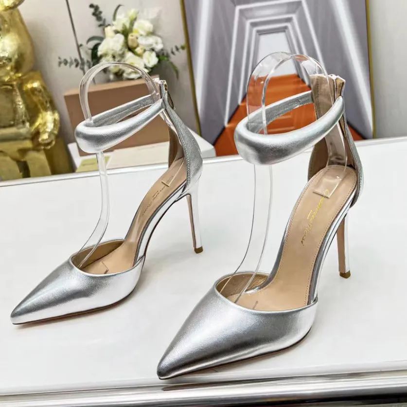Gianvito Rossi zapatos de vestir de gamuza nuevos Hige tacones sandalias cremallera trasera puntiaguda banda de tobillo de cuero zapato de mujer diseñador de lujo hebilla de estilete sólido