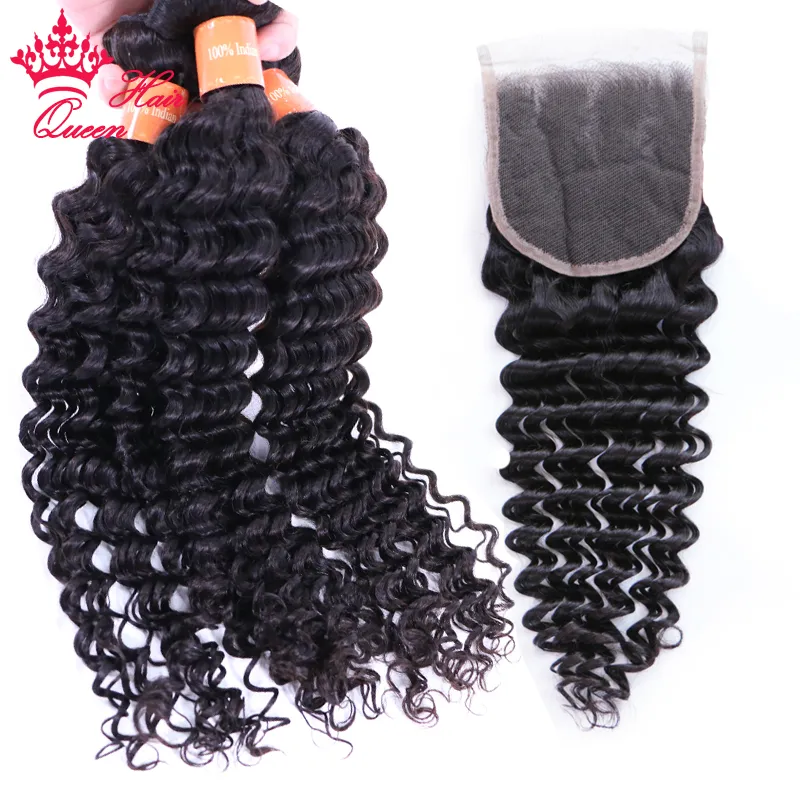 Indian Lace Closure With Hair Bundles 100% Unprocessed Virgin Human Raw Hair Extensions Deep Curly Wave Bundles with Closure Queen Hair Products