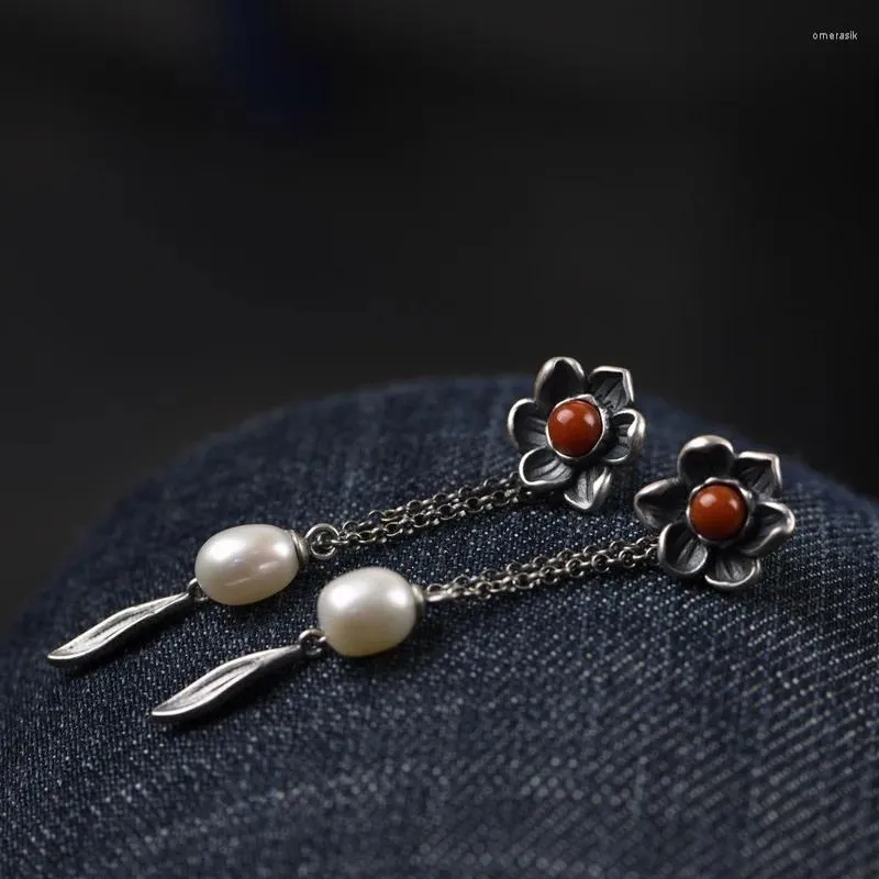 Boucles d'oreilles FNJ gland fleur 925 argent pur Original S925 Sterling goutte boucle d'oreille pour les femmes bijoux Agate rouge perle