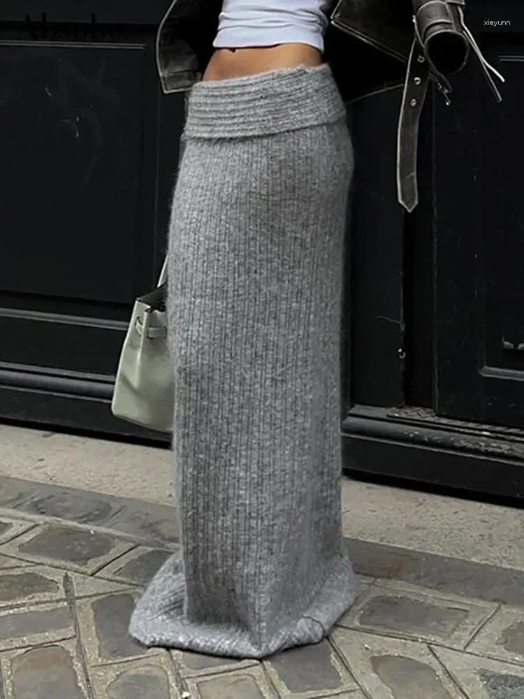 Jupes Absobe pliable tricoté Maxi jupe femme laine couleur unie enveloppement hanche longue cravate automne tempérament décontracté vêtements de banlieue