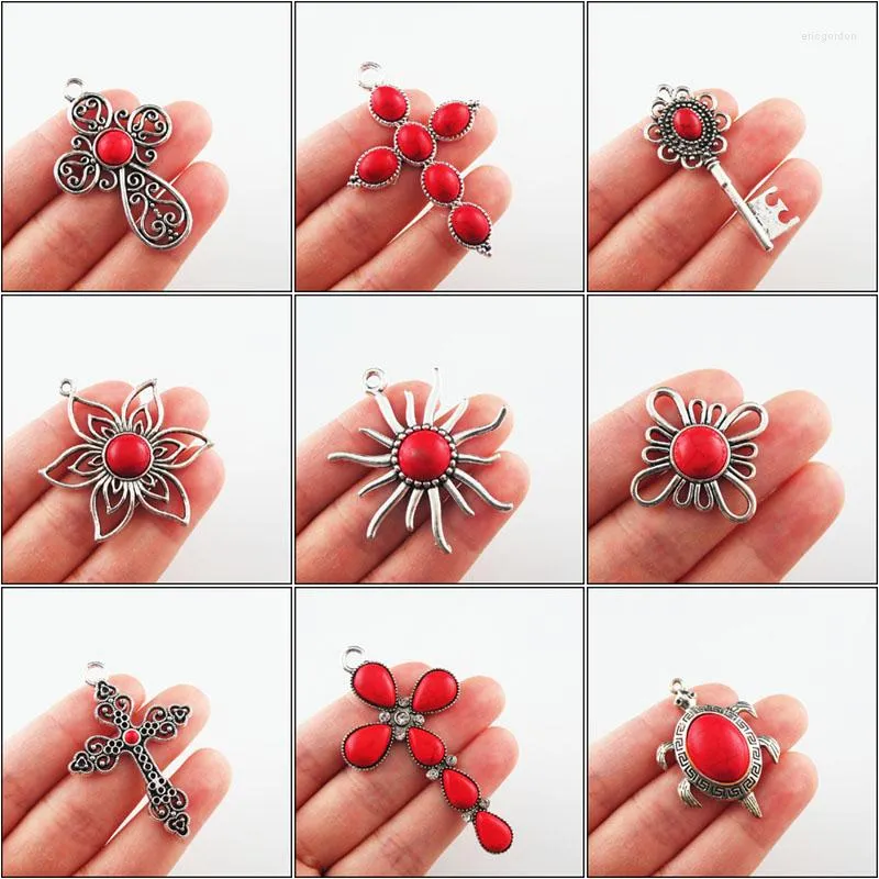 Charms mode retro antik silverfärg blommaknyckel solskors röda turkosa stenhängen