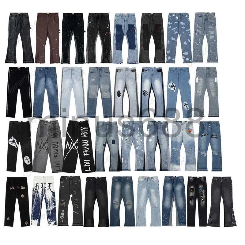 Jeans da uomo Designer Uomo Vintage Spruzzato Inchiostro Trendy High Street Vibe Svasato Gamba larga Uomo Distressed Strappato Rock Hip Hop Stacked Nero