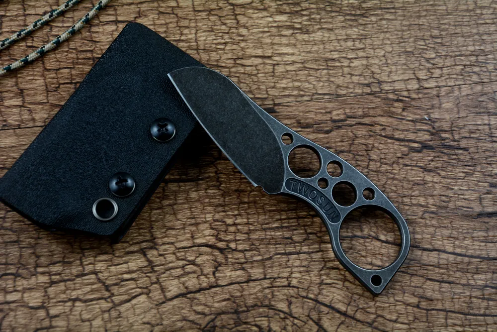 Twosun Mini EDC Fixed Knife TS148 D2 Black Stonewashed Blade with Kydex Sheath Outdoor Camping Hunting Pocket Knife