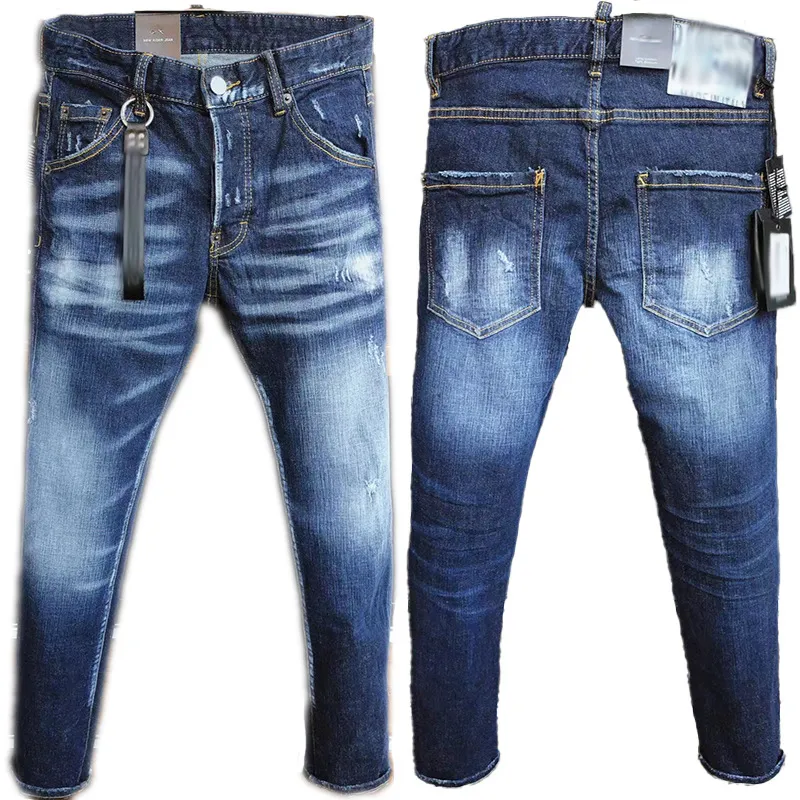 Męskie dżinsy Blue Hole Ripped Spodnie moda Włoch w stylu Włochy Chudy jeansowy motocyklista motocyklowy Rock Revival Spodni 5U8V