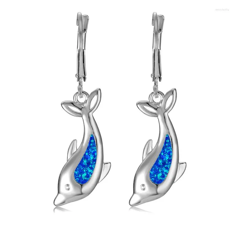 Dangle Earrings Blue White Opal Stone Drop Trendy Ocean Animal Dolphin Boho Gold Color Wedding For Women Party