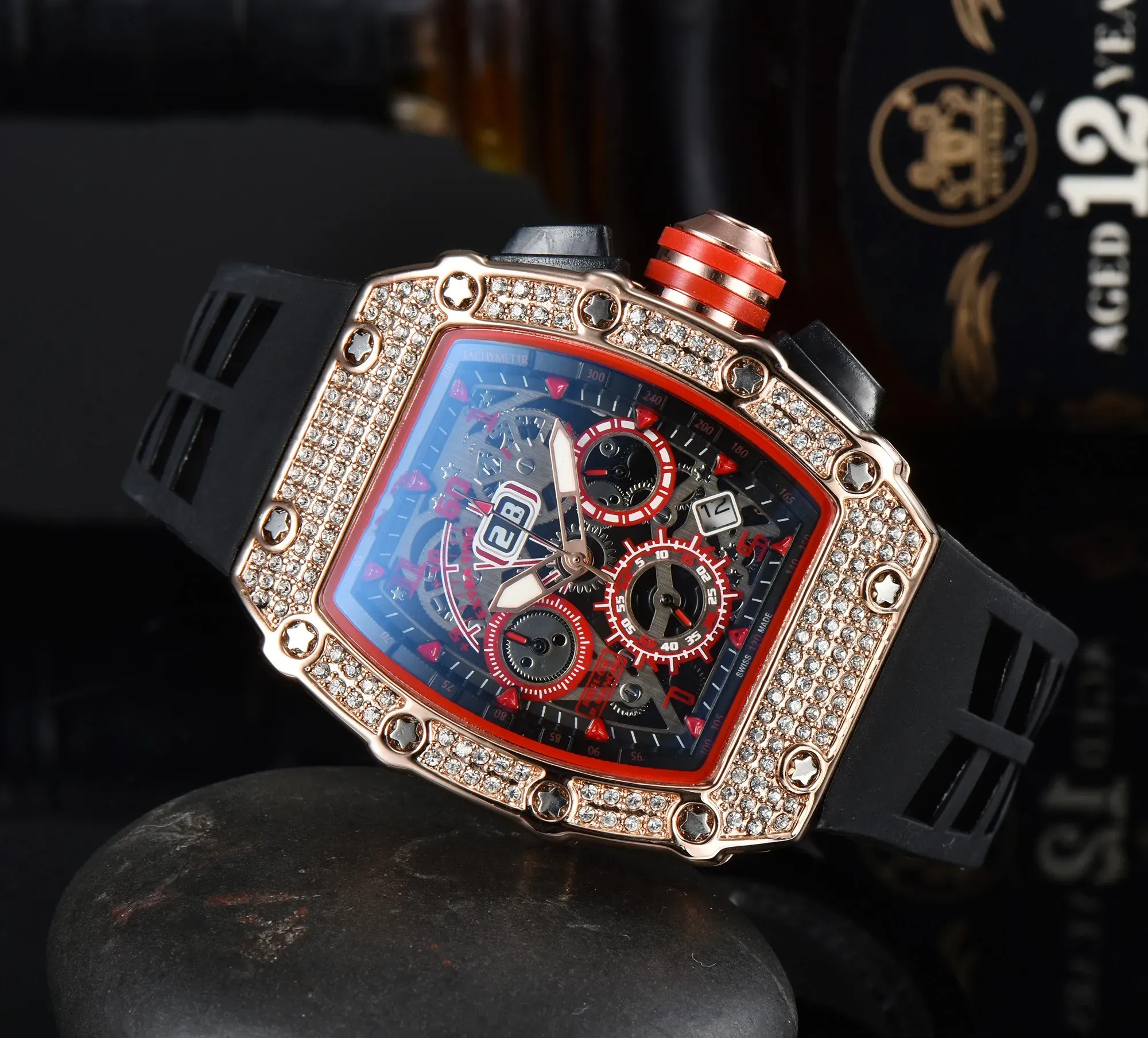 6 needle luxury new men's quality diamond quartz watch hollow out glass back cover stainless steel case watch black rubber