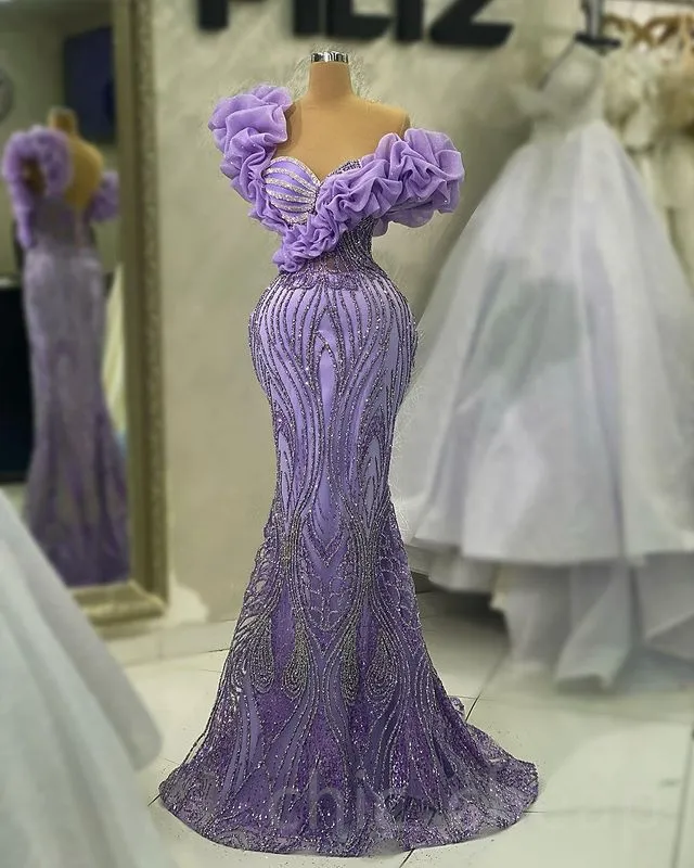 2023 April Aso Ebi Lilac Mermaid Prom Dress Sequined Lace Evening Formal Party Second Reception Birthday Engagement Gowns Dresses Robe De Soiree ZJ517